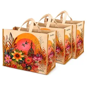 SHIBUI Big Heavy Duty Large Eco Waterproof Cotton Canvas Cloth Grocery Shopping Bag for Men Ladies Vegetable Milk Fruits with Hand Carry Handle Lunch Box Jhola Tote Bags (1, Flower Print)
