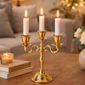 Aluminum 3-Arm 8inch Gold Candelabra for Dining Table | Vintage Candle Stand for Romantic Dinner, Home & Wedding Decor